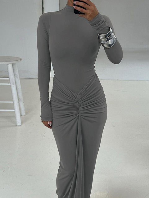 Pleated Patchwork Long Dress ’s High Waist Long Sleeve Slim Party Dress Summer Female Maxi Dress