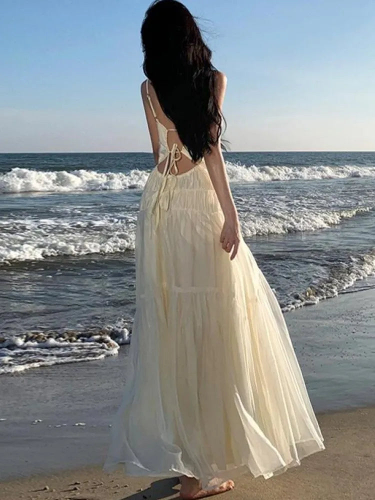 Beige Club Backless Pleated Slip Dress Summer Vneck Slim Lace Up Sleeveless Evening Party Fairy Long Dresses
