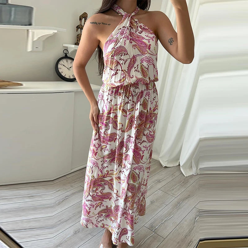 Female Off Shoulder Hollow Out Holiday Beach Dress Pattern Print High Waist Long Dress Summer Halter Loose Dress