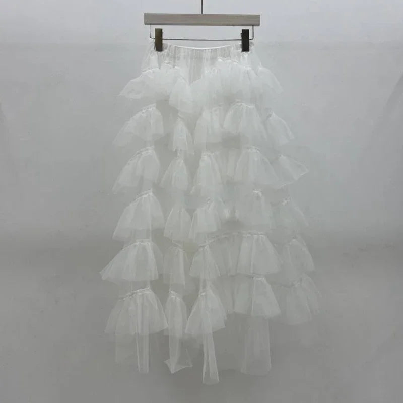 High Street Pleated Loose Midlength Skirt Summer New Korean Color All Match Mesh Aline Skirt