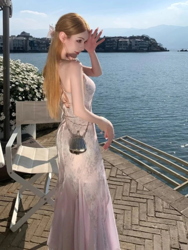 French Y2k Midi Dress Female Slim Lace Print Camisole Long Dress Sequin High Waist Dresses Even Party