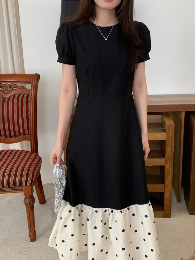 French Black Midi Dresses for Puff Sleeve A-line Patchwork Dot Korean One Piece Vestido Autumn New