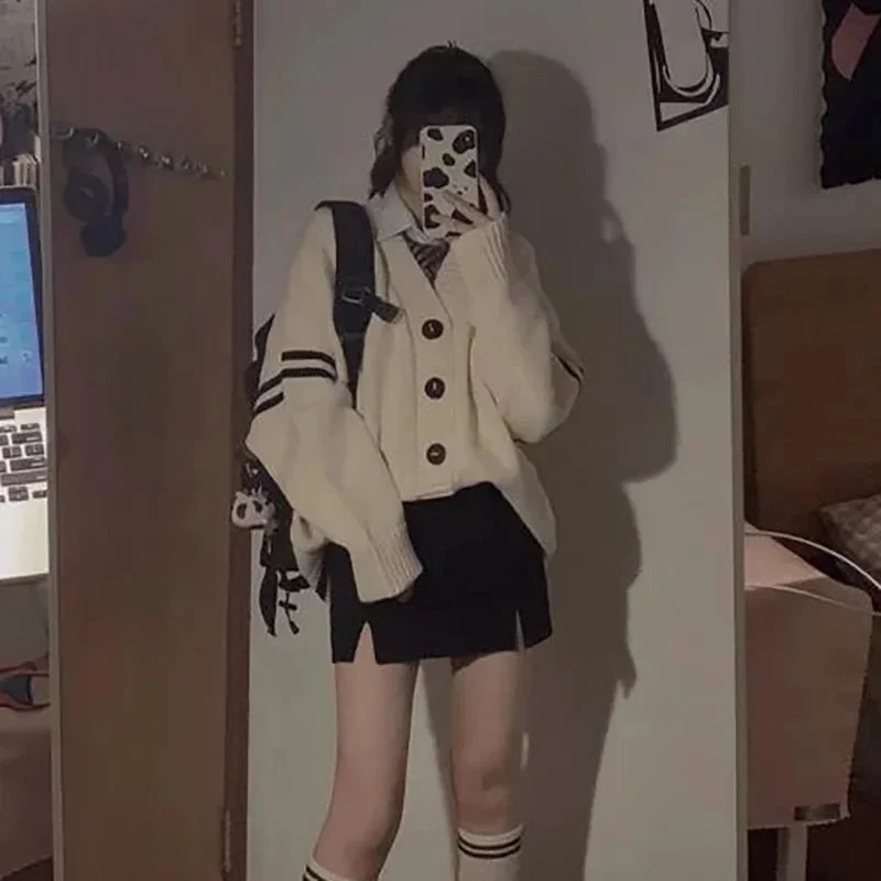 Striped Loose Cardigan Y2k Autumn Winter Single Breasted Sweater Korean Female Knitted Coat