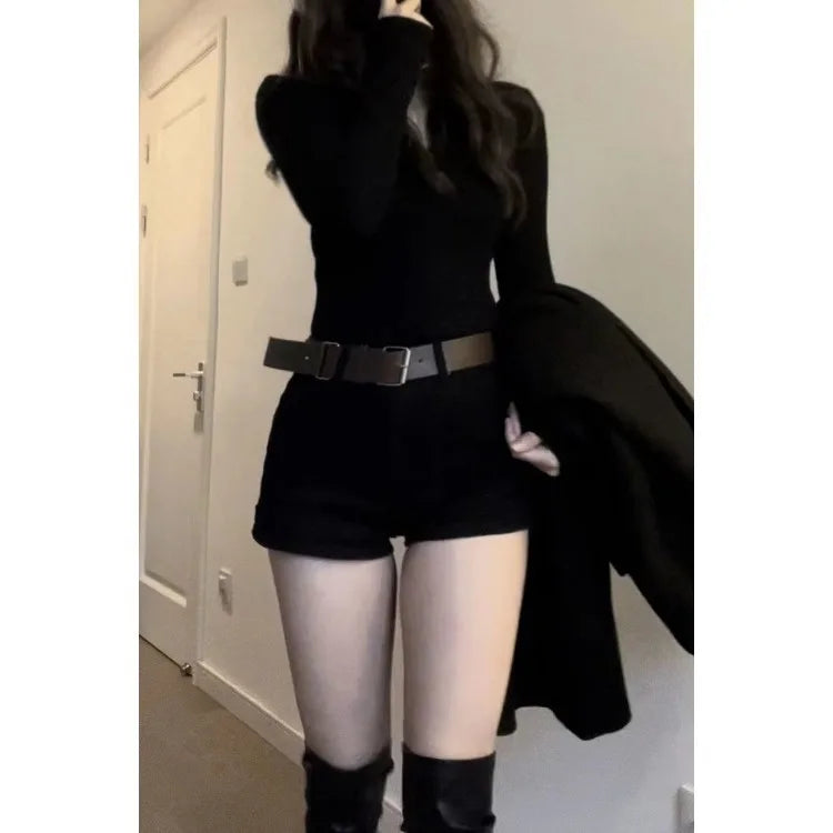 Korean Simple Vneck Long Sleeve Slim Fit Black Tops + Y2k Grunge High Waist Split Shorts Summer New Two Piece Sets