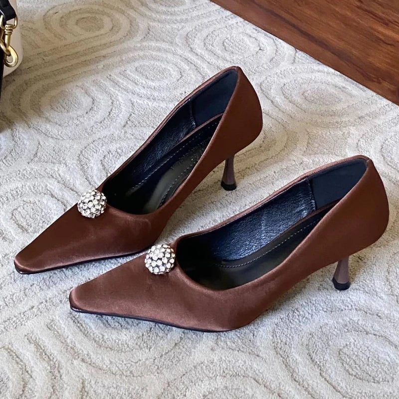 Silk Rhinestone High Heels Pointed Toe Pumps Office Shoes Female Shallow Brand Banquet Dress Shoes