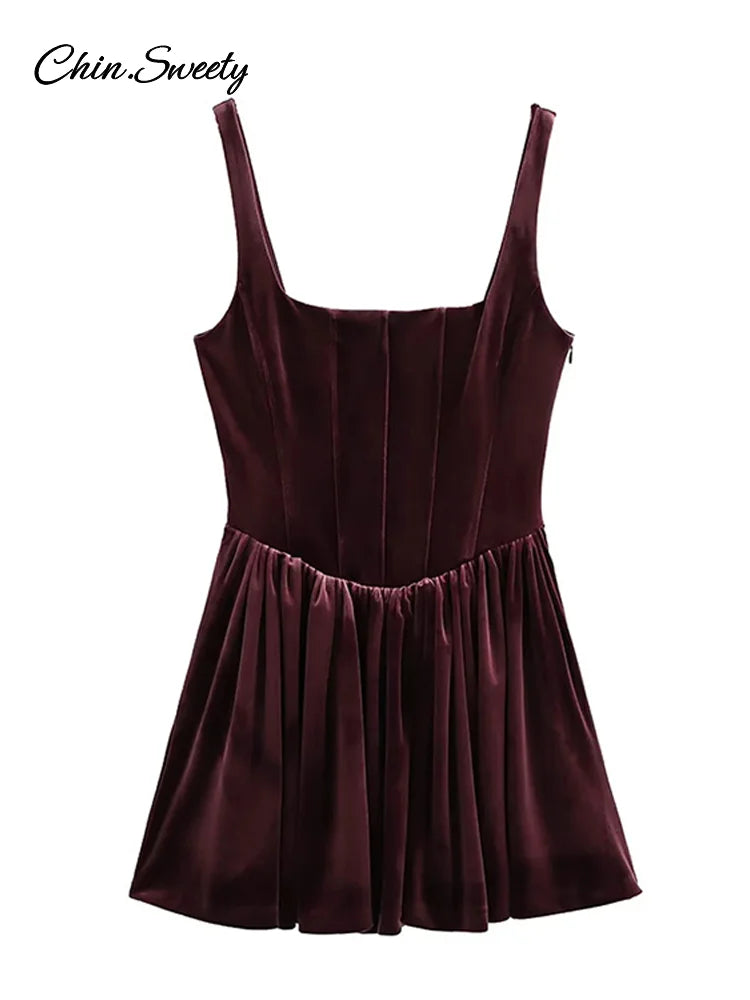 Velvet Sling Mini Dress Square Collar Sleeveless Backless A-line Zipper Party Dresses Lady Vestidos