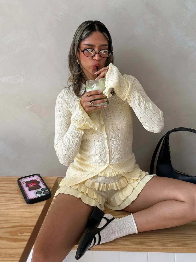 White Ruffles Knit Short Two Piece Sets Spring Summer Long Sleeve Cardigan Short Sets Y2k Holidays Matching Sets