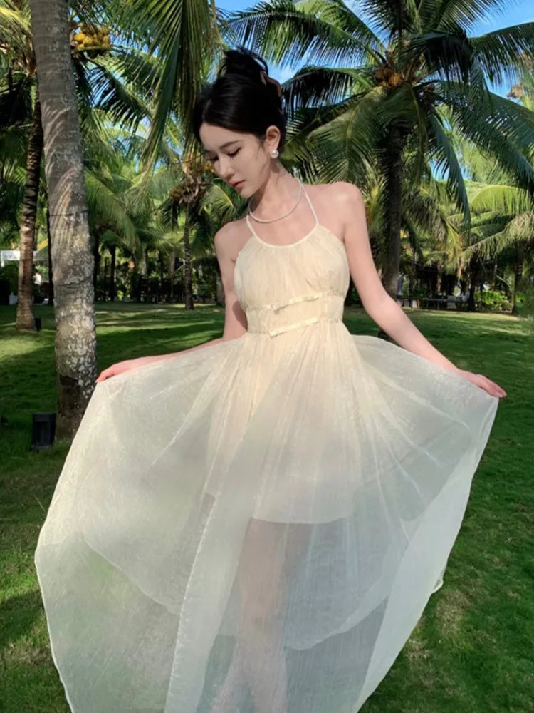 Backless Pleated Aline Long Dresses Summer Beige Slim High Waist Holiday Sleeveless Round Neck Halter Bandage Fairy Dress