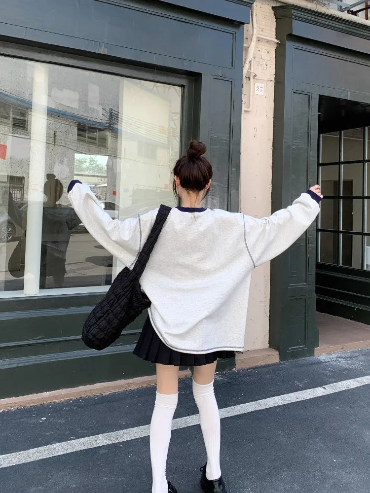 3d Bow Contrast Color Hoodies Round Neck Gray Sweatshirts Autumn Korean Loose Agereducing Cat Print Loose Top