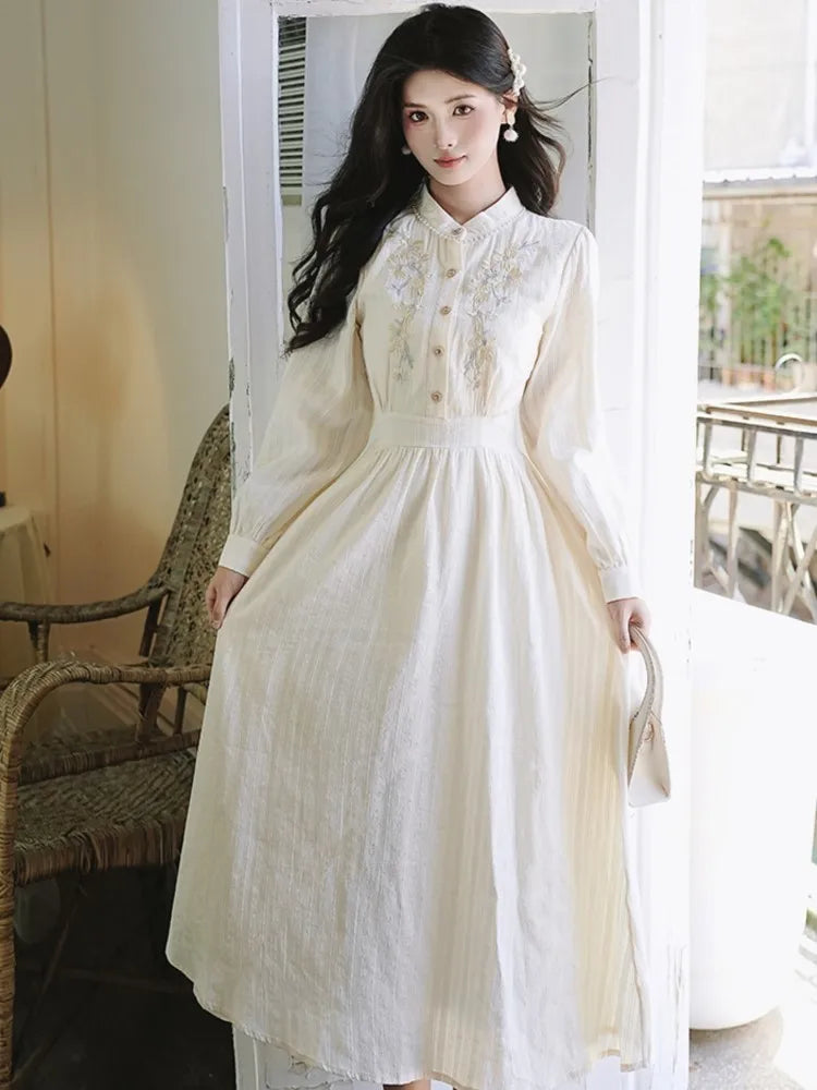 Fairy Embroidery Midi Dress Female French Party Midi Dress Stand Collar Puff Sleeve Evening Robe Vestidos