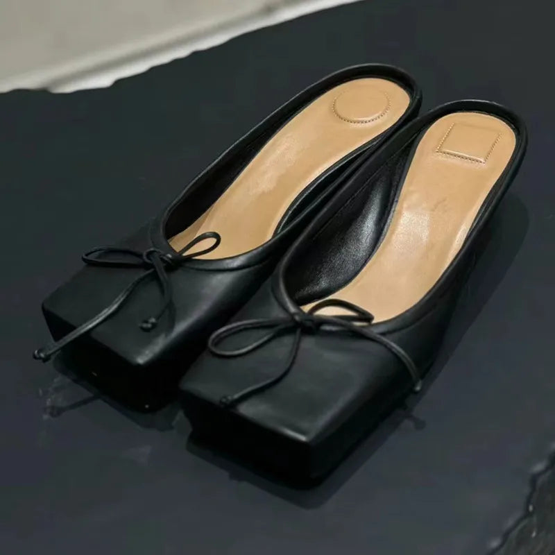 Brand Designer Mule Pumps Slippers Bow Square Toe Party Dress Shoes Red High Heels Sandals