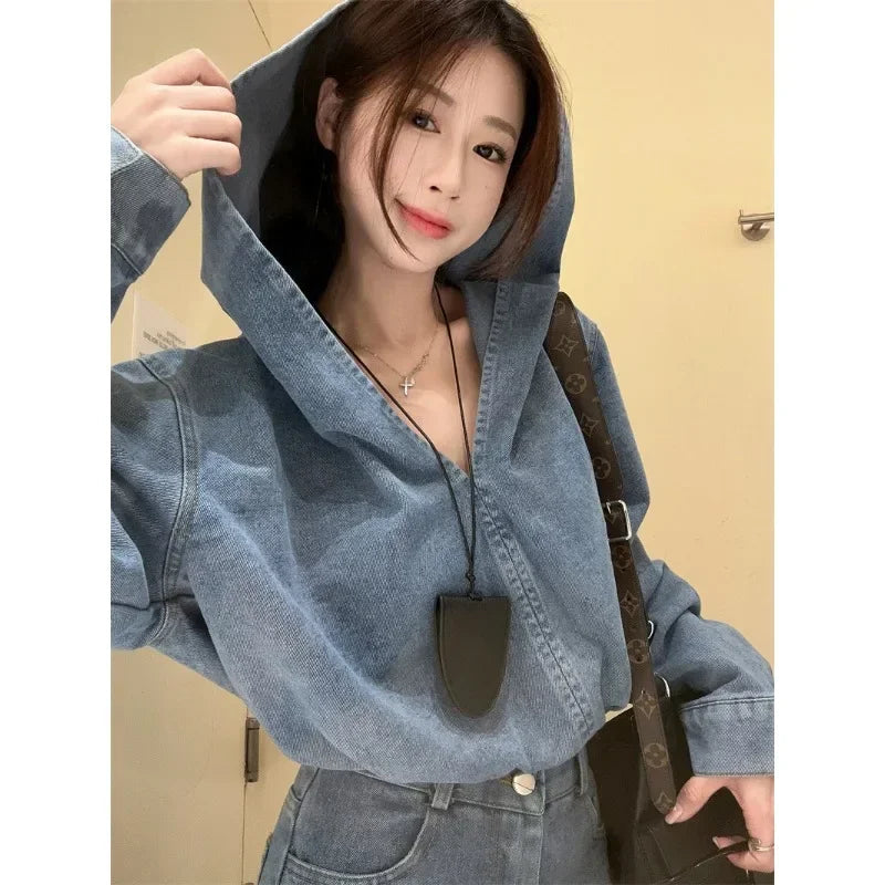 Winter New American Distressed Washed Loose Denim Hooded Longsleeved Tshirt + Straight Shorts Twopiece Suit