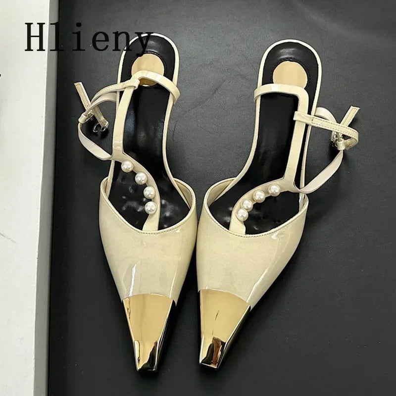 Metal Pointed Toe Stiletto Sandal Pearls Strap Buckle Designer High Heels Party Prom Shoes Summer Pumps