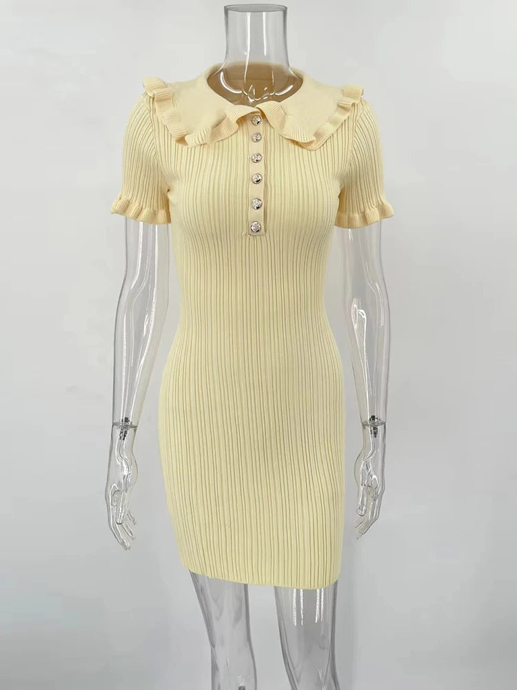 High Waist Ruffled Mini Dresses for Summer Short Sleeve Knitted Slim Fit Dress ’s Dress Woman