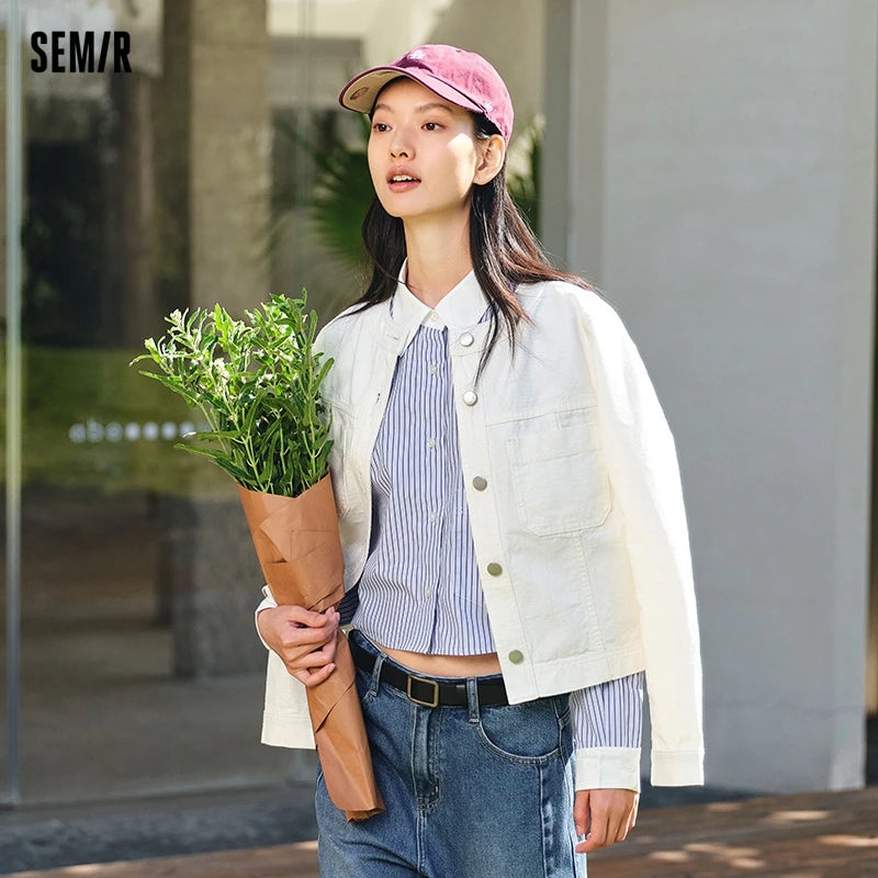 Denim Jacket Short Style Small and Taller Spring New Retro Round Neck Jacket and Versatile Coats