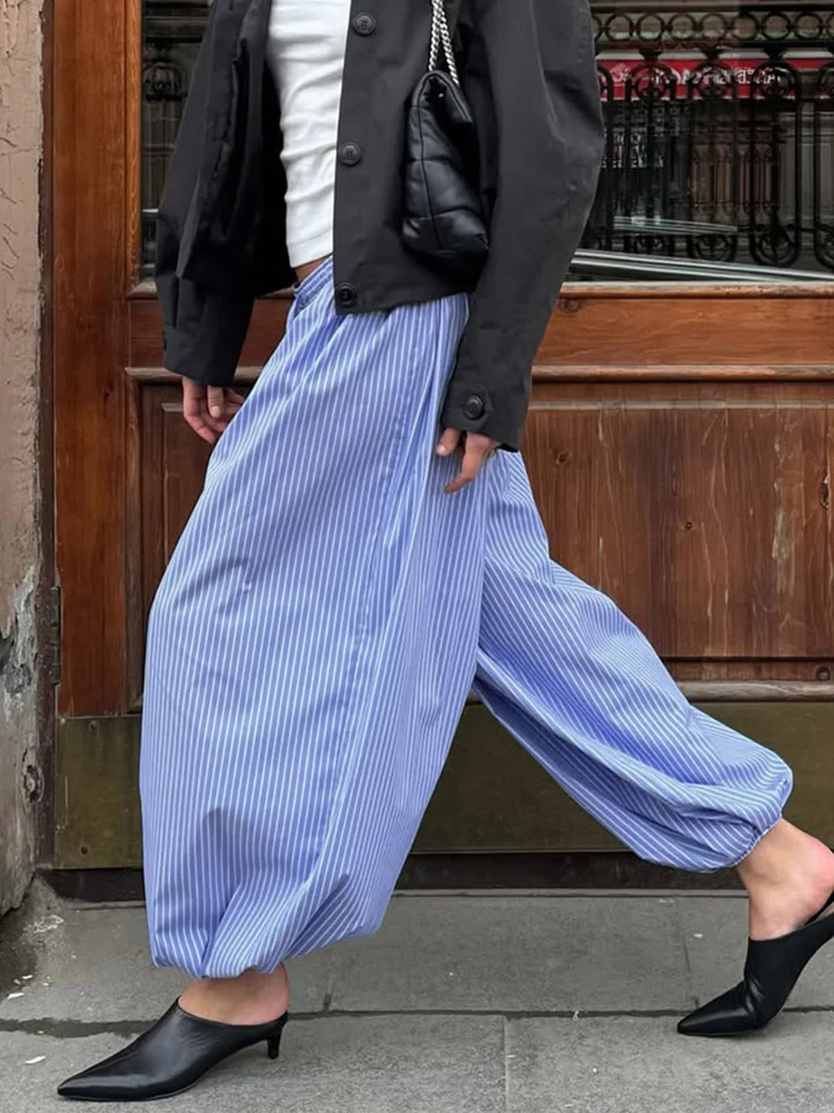 Blue Striped Print Pants Elastic Low Rise Loose Trousers Y2k Aesthetic Korean Style Hippie Trousers
