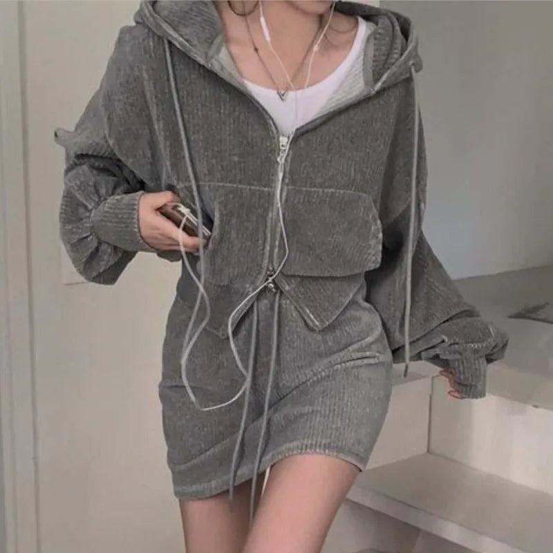 Korean Corduroy Two-piece Skirt Sets Hoodie Crop Top Coats Bodycon Mini Skirt Autumn Winter New Outfits Suit