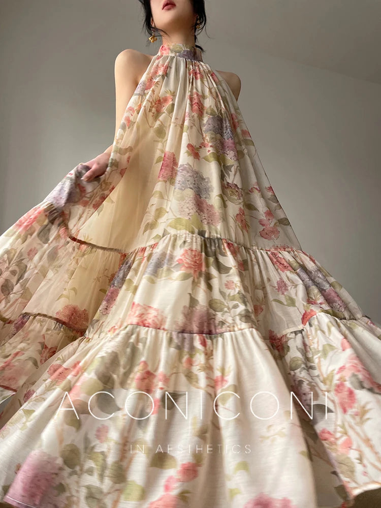 Halter Long Dresses for Summer New Printed Sleeveless Aline Loose Party Dress Prom Robe Vestidos Mujer