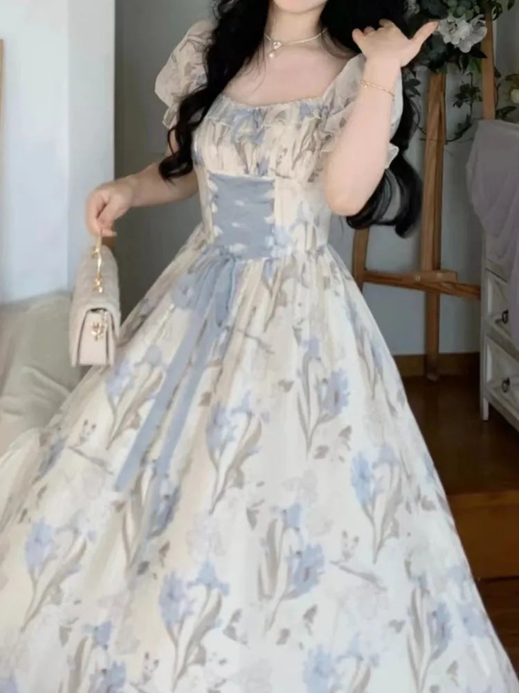 Summer Print Midi Dress Aline Party Prom Vestidos Female French Style Robe Vestidos