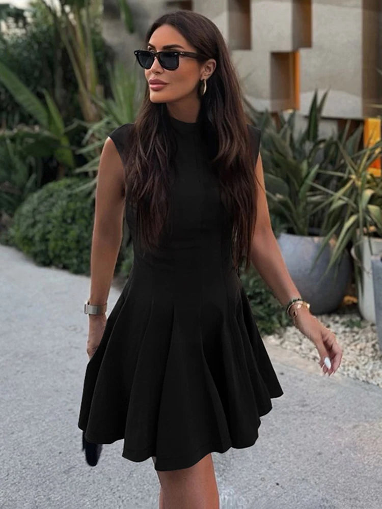 Sleeveless Folds Mini Dress ’s Color High Waist Outfits Half Turtleneck Club Party Dress A-line
