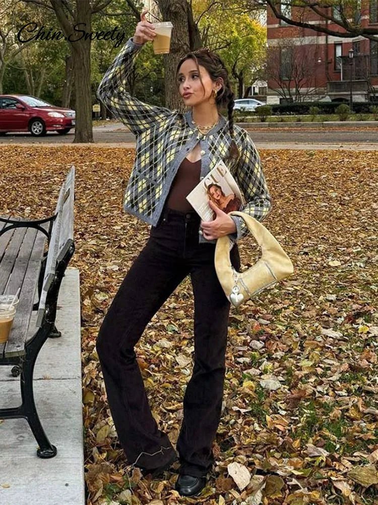 Plaid Knitted Slim Cardigan Autumn O-neck Long Sleeve Metal Button Short Sweater Coat Lady All-matching Knitwear New
