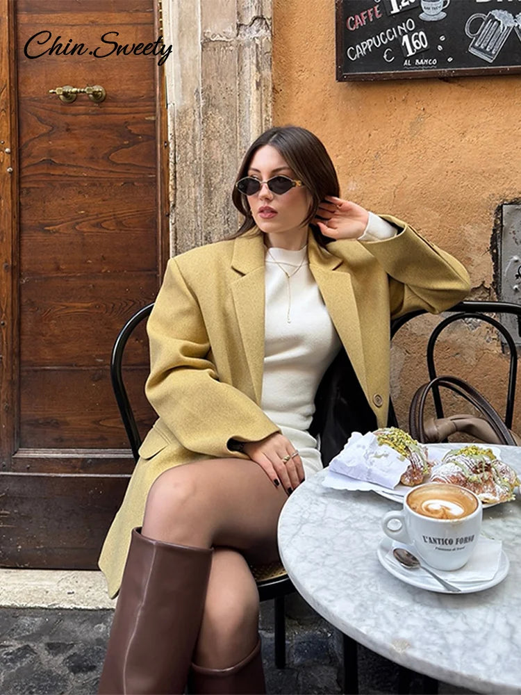 ’s Yellow Blazer Coat Loose Lapel Single Breasted Long Sleeve Suit Jackets Spring Lady High Steet Outwears