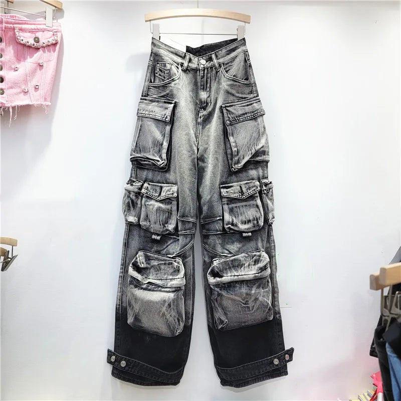 Gradient Multiple Pockets Design Jeans Single Button High Waist Denim Pants Autumn Female New