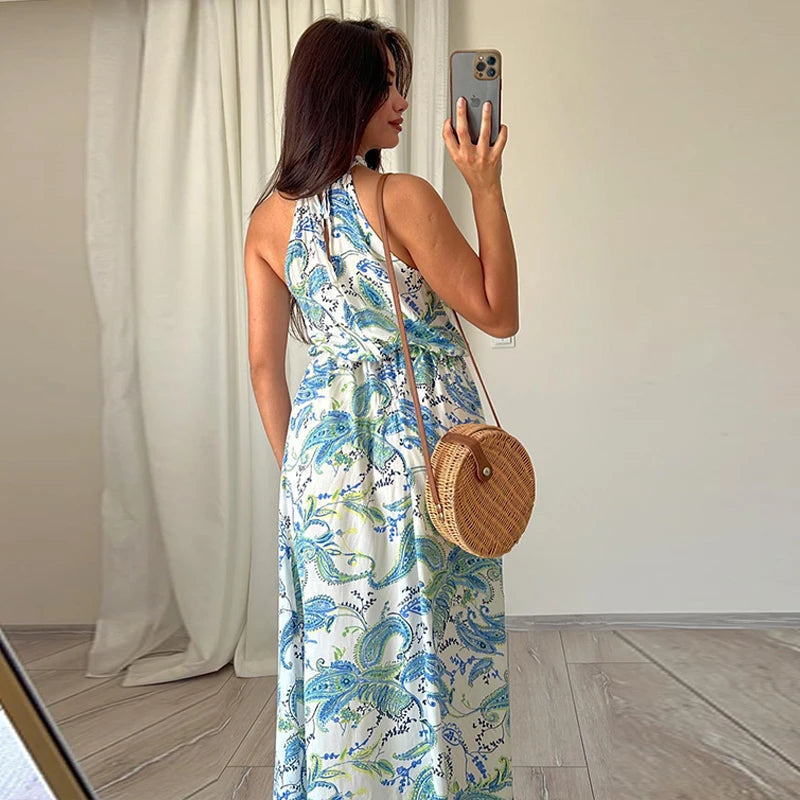 Female Off Shoulder Hollow Out Holiday Beach Dress Pattern Print High Waist Long Dress Summer Halter Loose Dress