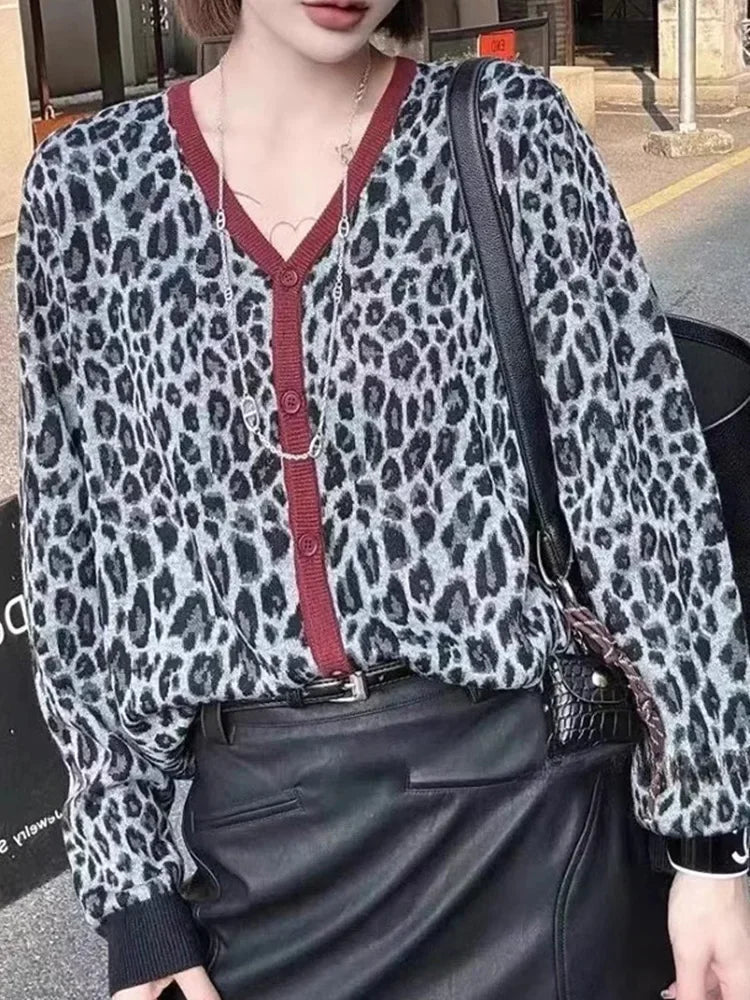 Knitted Sweaters for Long Sleeve Jumpers New Autumn Winter Leopard Loose Single Breasted Cardigan