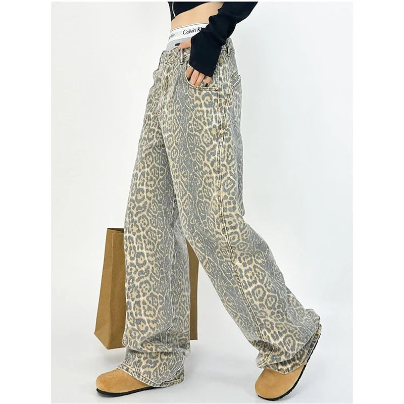American Retro High Street Overalls Leopard Print Loose Wide Leg Pants for Y2k Hiphop Cargo Grunge Baggy Trousers