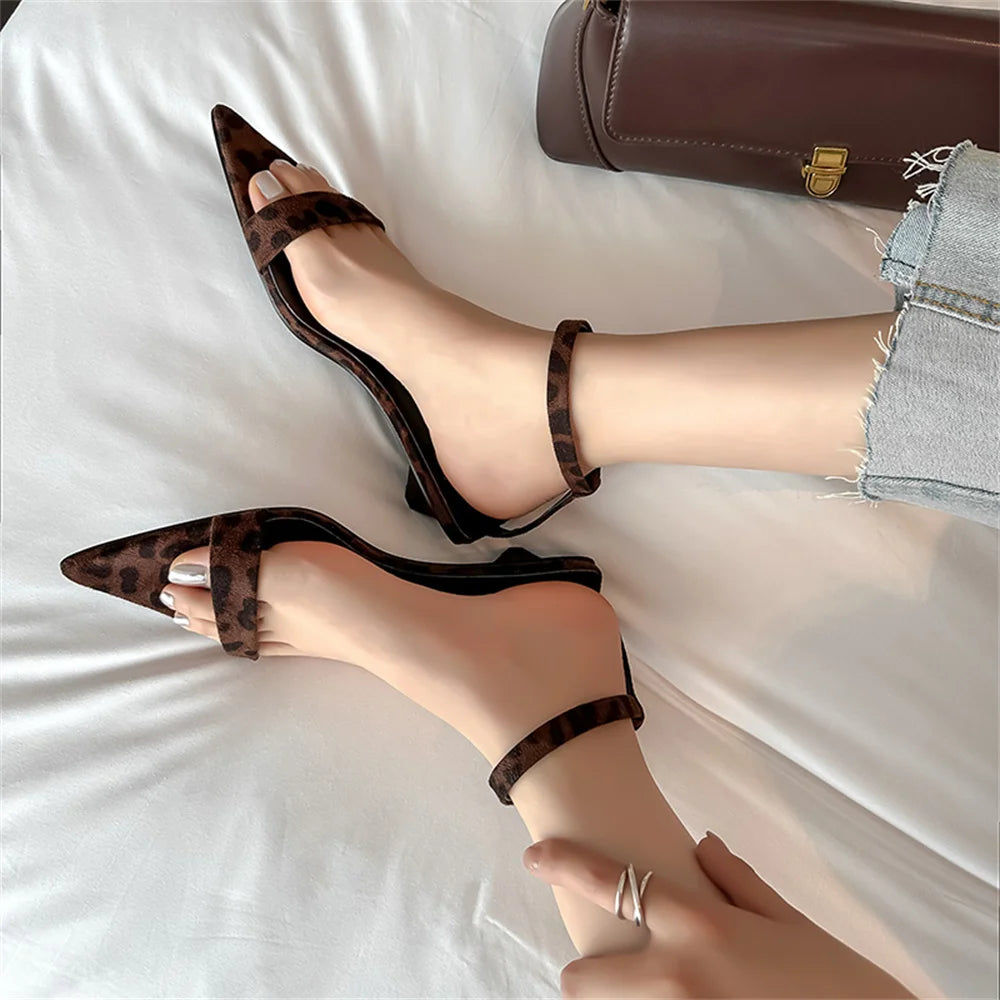 Leopard Sandals Leather Kitten High Heels Pointed Toe Party Wedding Shoes Woman Buckles Prom Summer Pumps