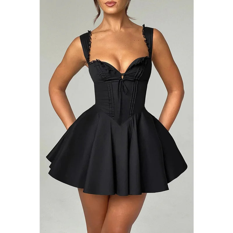 Corset Dress Color Square Collar Sleeveless Lace Trim Hem a Line Mini Dress Evening Party Dresses