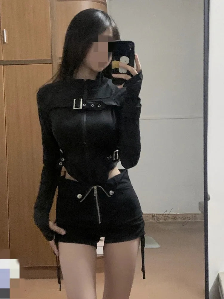 Spring New Slim Fit Black Long Sleeve Zipper Tops + High Waist Drawstring Shorts Y2k Egirl Two Piece Sets