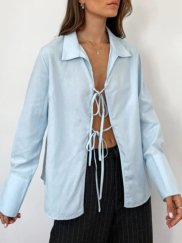 ’s Long Sleeve Shirt Hollow Lace Up Color Top Commuting Patchwork ’s Shirt Cardigan Top