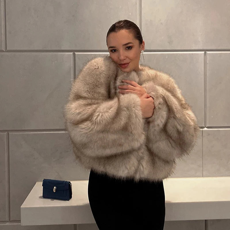 Street Blogger Winter Faux Raccoon Fox Fur Coat Jacket Thick Warm Cropped Fluffy Overcoats