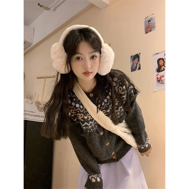 Kawaii Bow Pink Knitted Cardigan Print Patchwork Sweater Outerwear Korean Aesthetic Knitwear Long Sleeve Jumpers