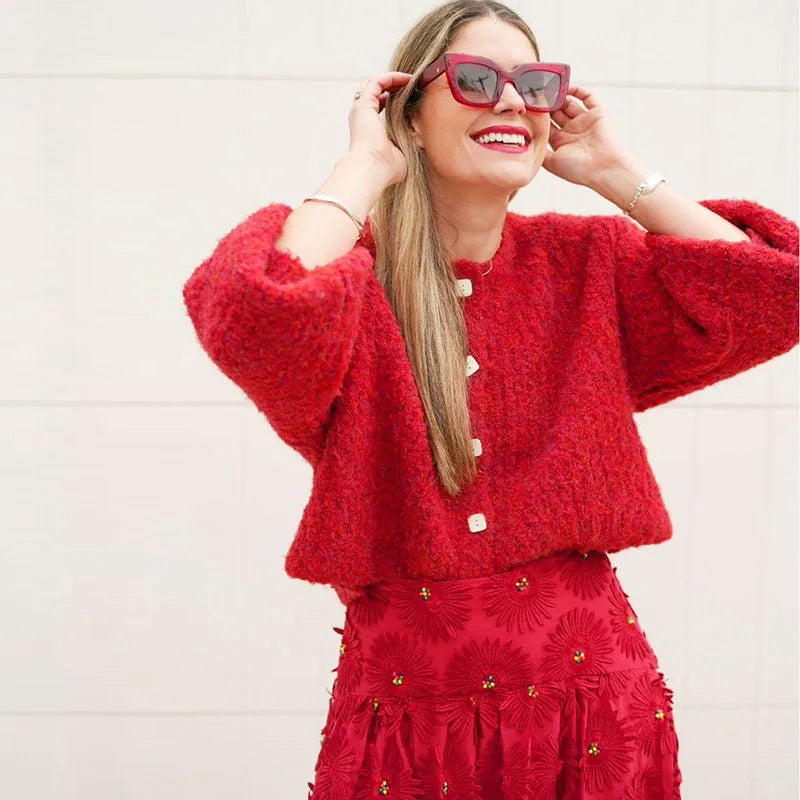 Color Simple Knitted Cardigan Loose Round Neck Single Breasted Sweater Retro Tops Short Sweaters