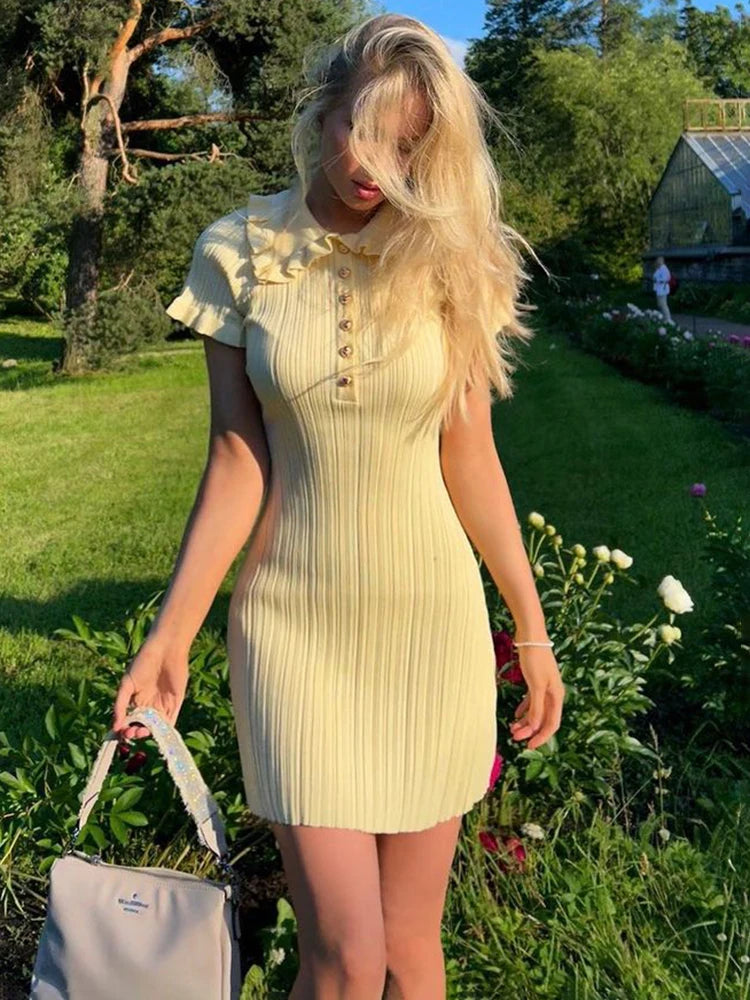 High Waist Ruffled Mini Dresses for Summer Short Sleeve Knitted Slim Fit Dress ’s Dress Woman