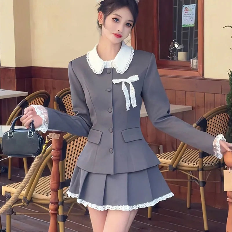 Two-piece Skirt Set Long Sleeve Single Breasted Blazer Coat Lace Pleated Mini Skirt Autumn Korean Outfits