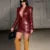 Burgundy Deep V Leather Mini Dress Lattice Shoulder Pads Long Sleeve High Waist Fold Dresses Lady Slim Short Robes