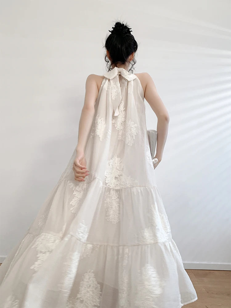French Apricot Embroidery Printed Dress Spring Summer Sleeveless Hanging Neck Aline Dress Midi Dresses
