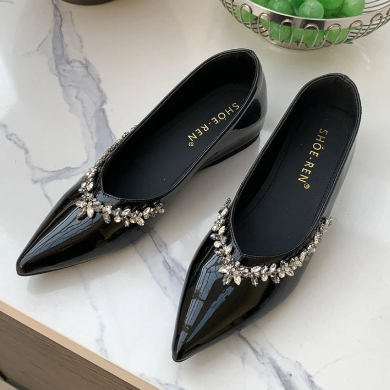 Crystal Shallow Mouth Pumps Pointed Toe Low Heeled Slingback Sandals Party Dress Shoes Branded Loafers