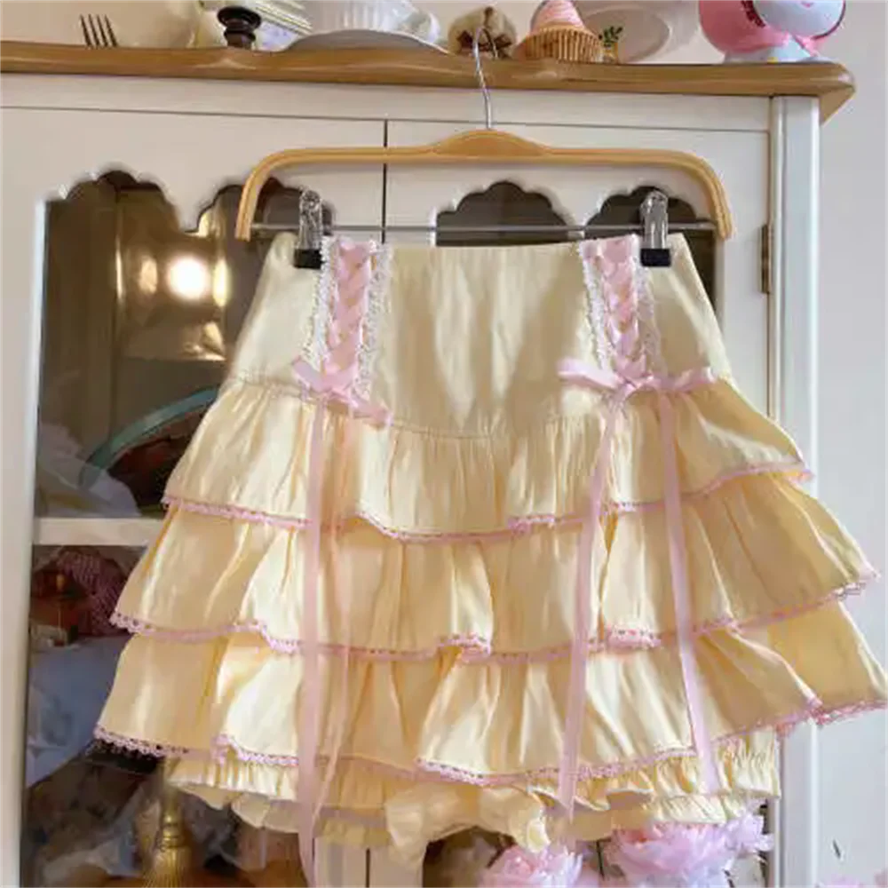 High Waist Bow Laceup Fairy Y2k Aesthetic Cake Mini Skirts Japanese Harajuku Kawaii Lace Pleated Skirts