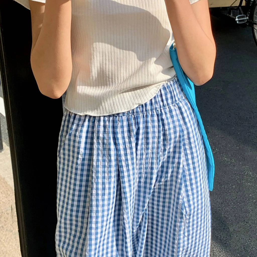 Plaid Wide Leg Pants Pockets Sping Summer High Waist Straight Loose Trousers Female
