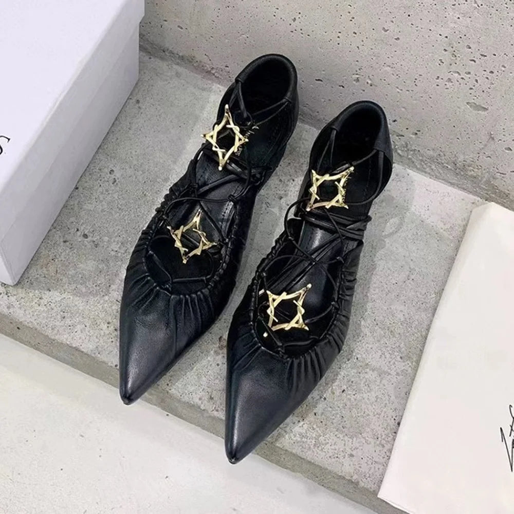 Cross Straps Sandals Pointed Toe Gold Star Detail Mixed Color Low Block Heels Ankle Lace Up Summer Rubber Shoes