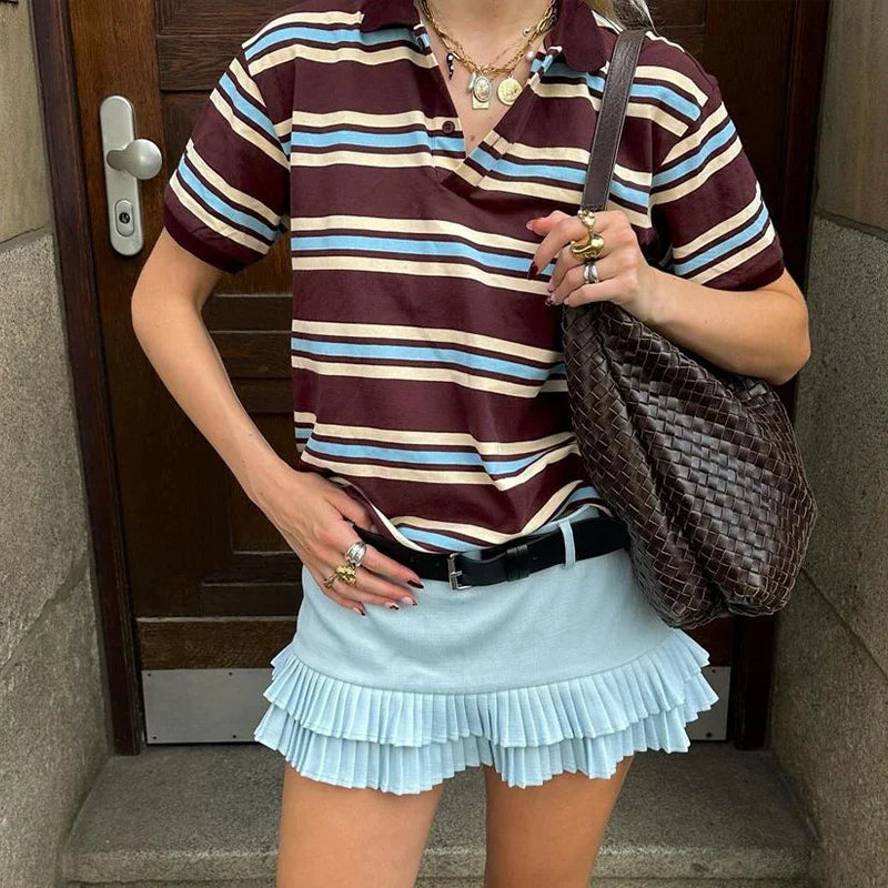 Stripe T-shirt Short Sleeve Female All Match Polo Shirts Summer New Loose Tops High Street