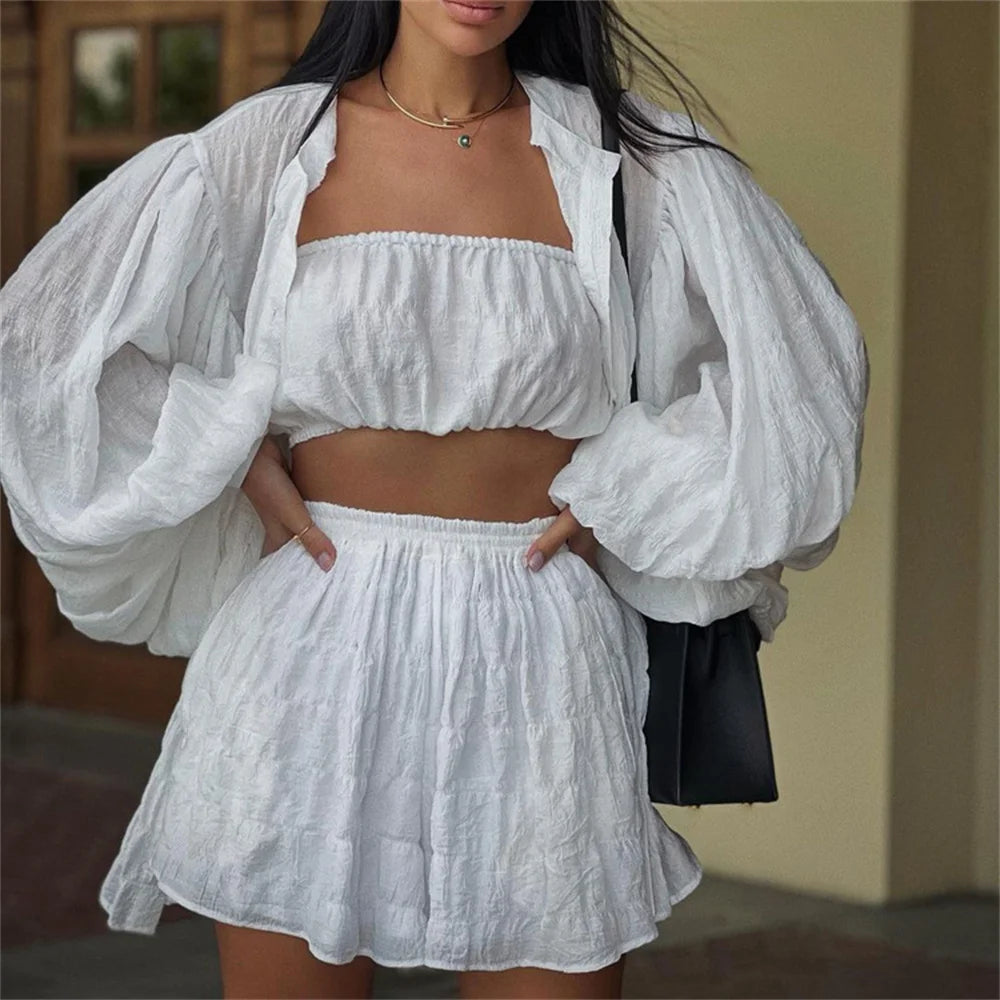 White 3 Piece Sets Summer Lantern Long Sleeve Cardigan Tops Shorts Suits Lady Spring Soft Three Piece Outfit
