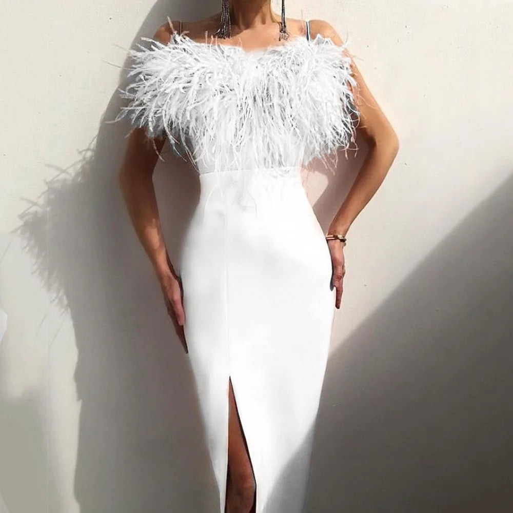 Spring/summer Dress Strap Feather Dress Split Hem Long Dress Vestidos Femme Party Bodycon Dress New