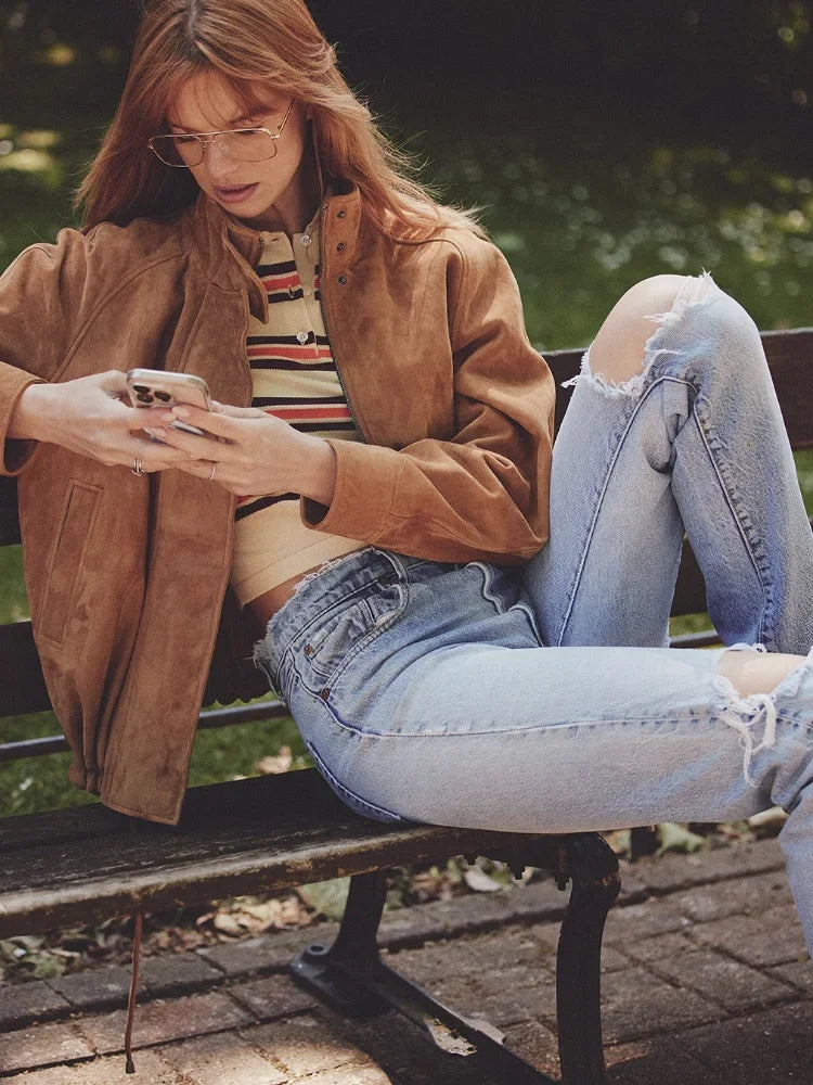 Long Sleeve Stand Collar Female Coats Suede Zipper Jacket for Autumn New Lady Pockets Outerwear Street