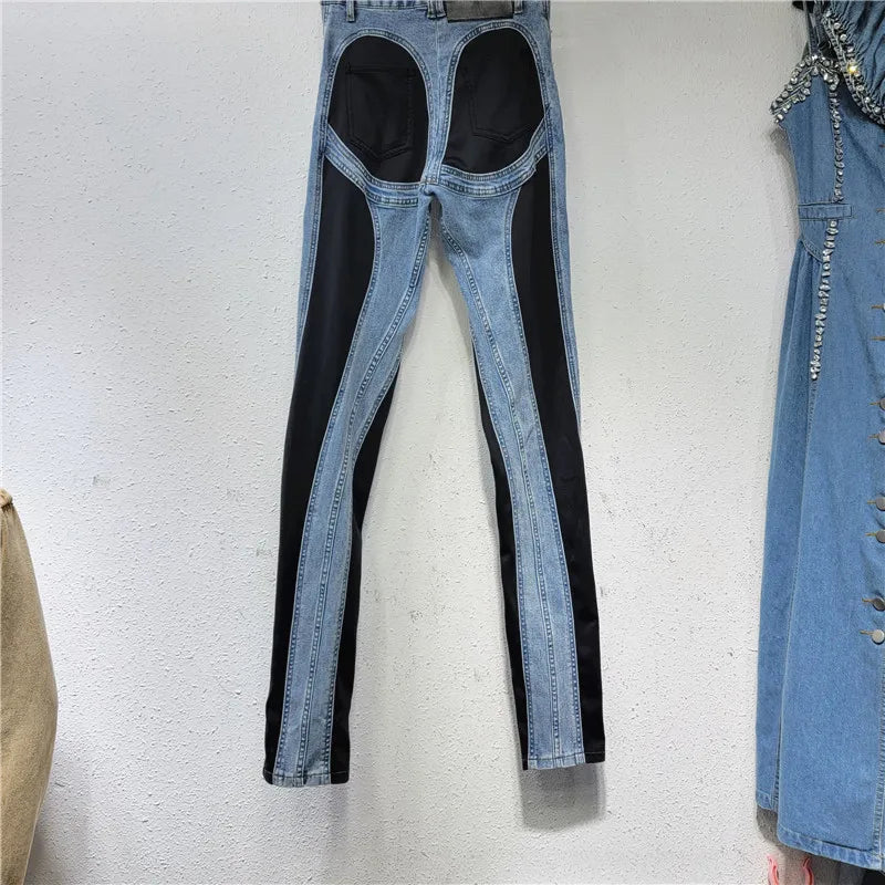 Denim Pants Contrast Color Slim Split Patchwork Thin Pencil Pants Autumn New